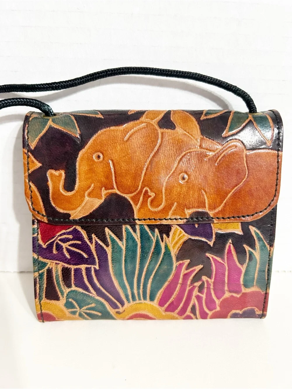 Vintage Genuine Leather Elephant Crossbody Wallet Purse Tooled Floral Boho